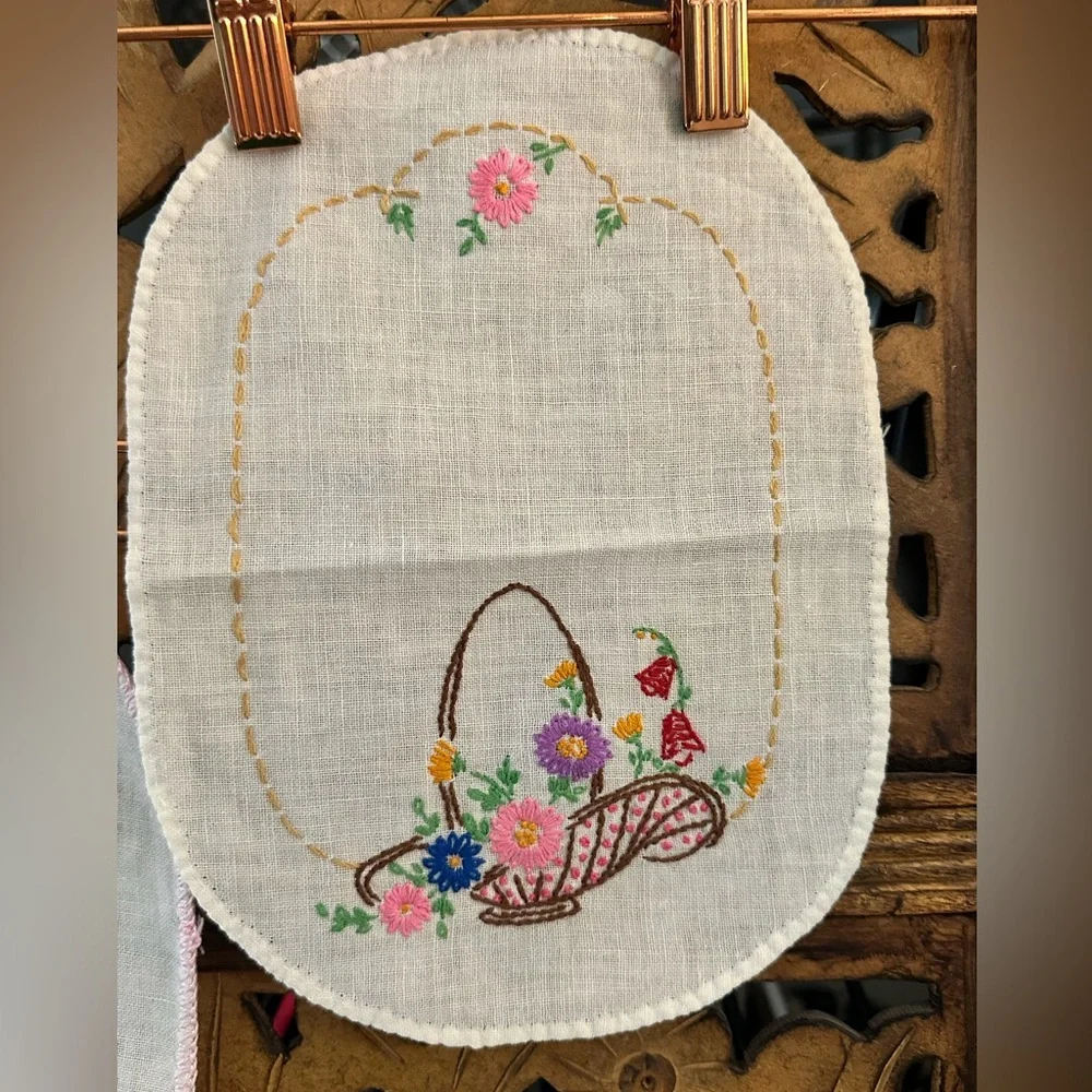 Vintage Pair of His and Hers Handmade Floral Embroidered Crocheted Hand Towels.
